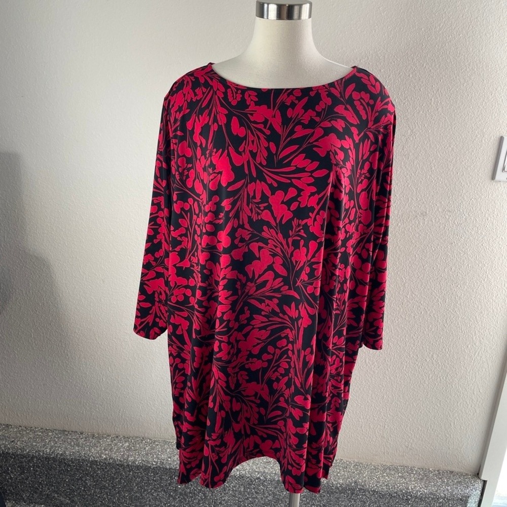 Anywear by‎ Catherines Womens Plus 3X Tunic Top Red Black Floral Leaf 3/4 Sleeve
